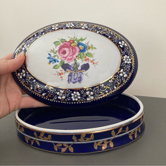 Antique N Serves French cobalt gold gilt enameled painted dresser jewelry box